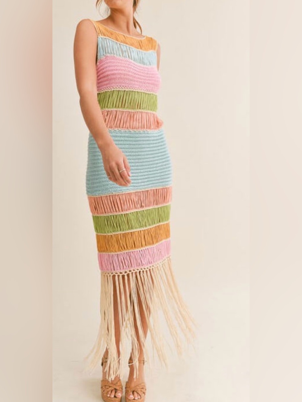 Crochet Fringed Striped Knit Midi Dress in Multicolor - Picture 6 of 10